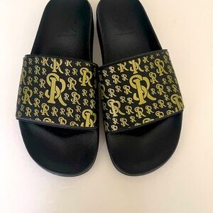 Stefano Ricci Black and Gold Patterned Slide Sandals